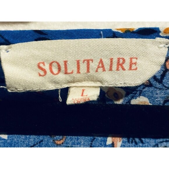 Solitaire Top Womens Large Blue Floral Ruffle Embroidered Scalloped Hem Romantic - Picture 6 of 9